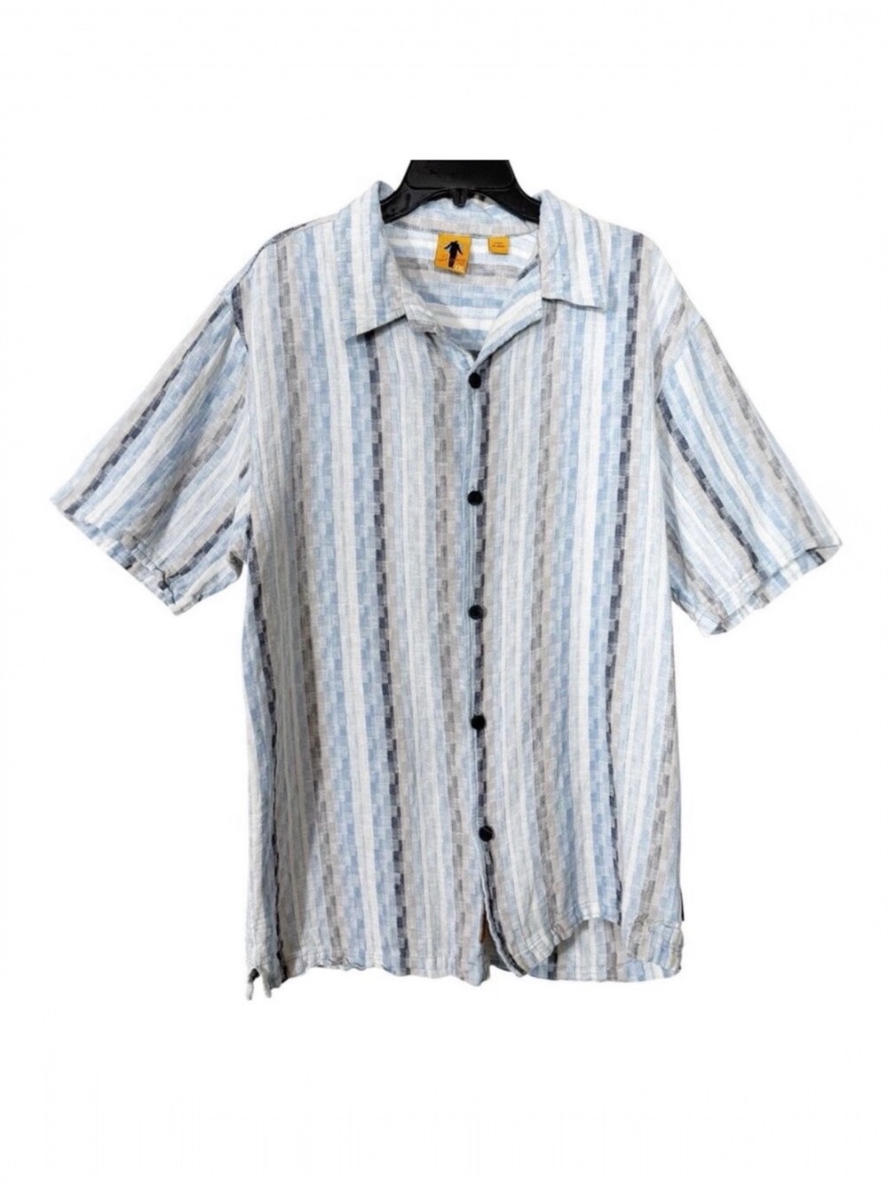 Steve Harvey Men Short Sleeve Linen Blue Tan White Stripe Button Down‎ Shirt XXL